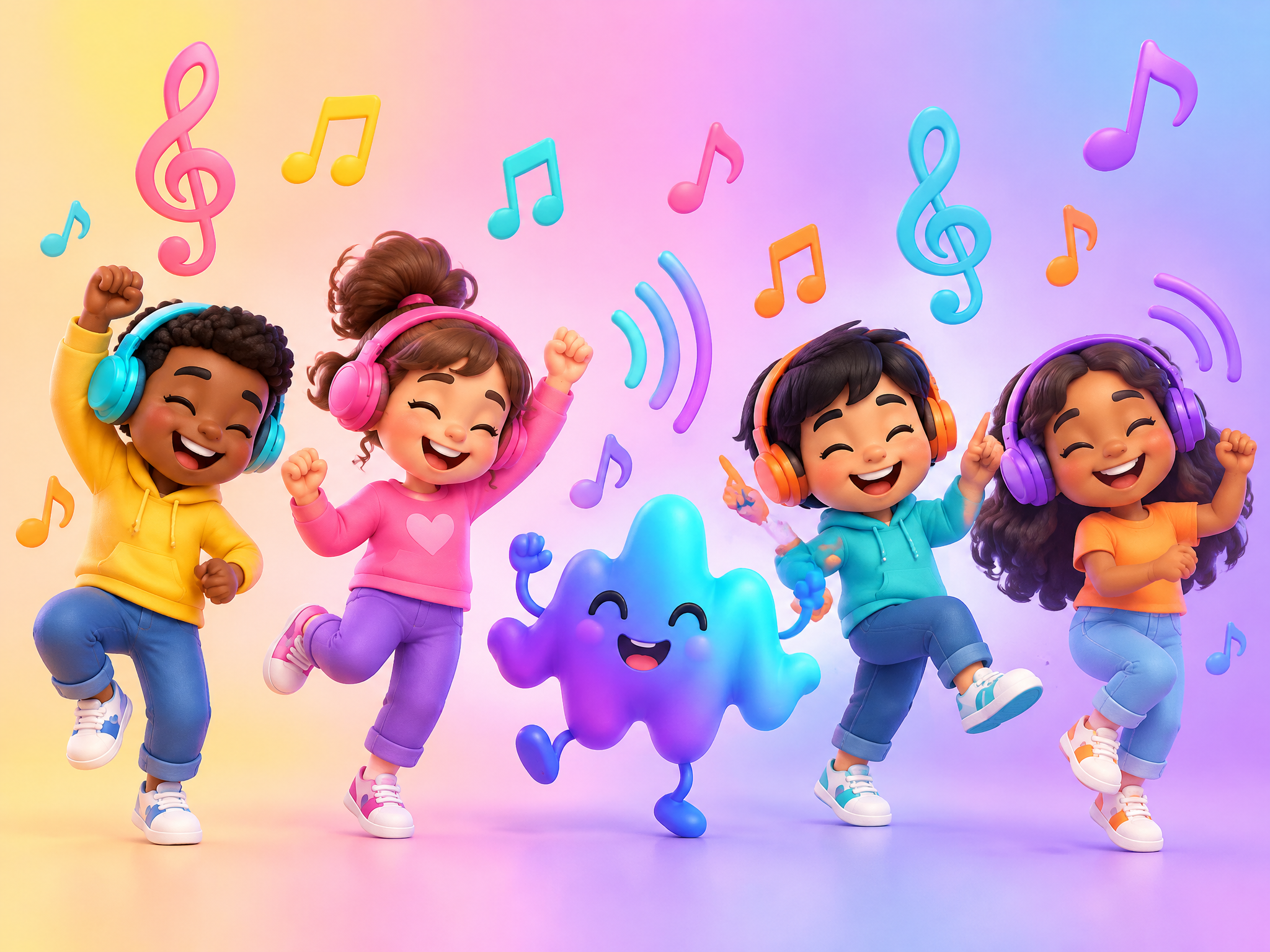 Crianças felizes com fones de ouvido dançando entre notas musicais